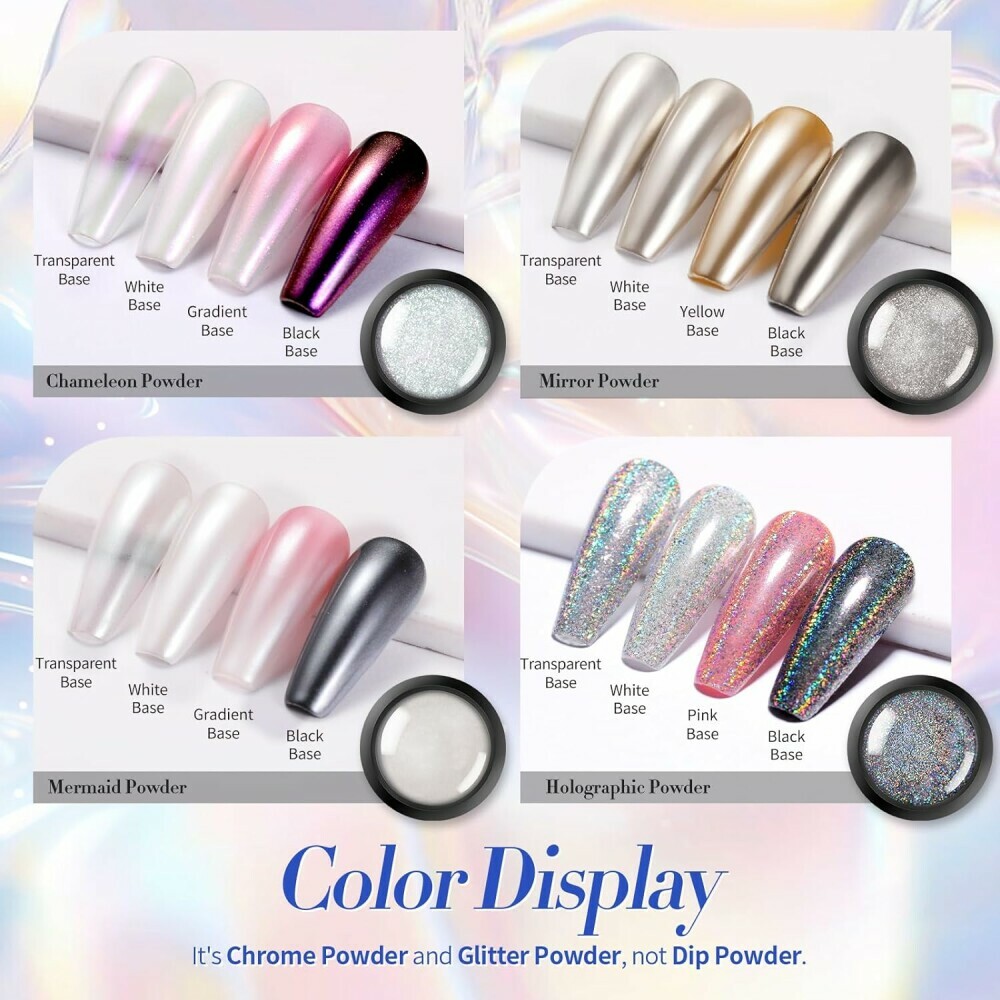 BORN PRETTY Chrome Nail Powder Holo Powder Nail Art Powder Mirror Glitter Rainbow Neon Pearl Pearl Pigment Manicure Glitter Dust 4 Boxes